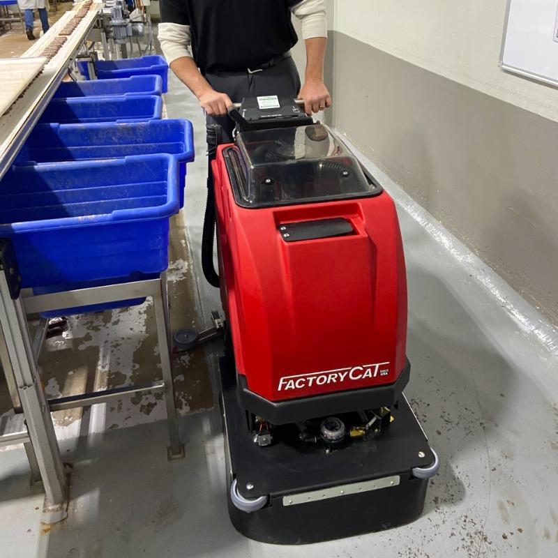 FactoryCat Walk Behind Floor Scrubbers MicroMag production floor epoxy - https://assets.factorycat.com/demoImages/2025/april/MicroMag-Walk Behind Floor Scrubbers-production floor-epoxy-Pittsburg-USA-360.jpg - 800 - 800 - 360 A FactoryCat MicroMag battery floor scrubber cleaning the epoxy floor of a food processing plant in Pittsburgh, PA
